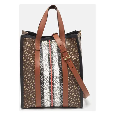 Burberry Black/Brown TB Monogram Coated Canvas and Leather Stripe Portrait Tote