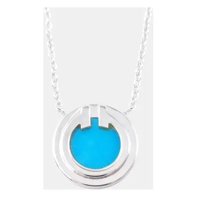 Tiffany & Co. Turquoise Circle Pendant Necklace 18k White Gold Blue Metal