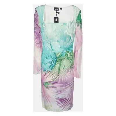 Just Cavalli Multicolor Tropical Print Jersey Off-Shoulder Dress