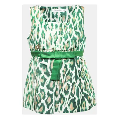 Christian Dior Green Animal Print Silk Bow Detail Top