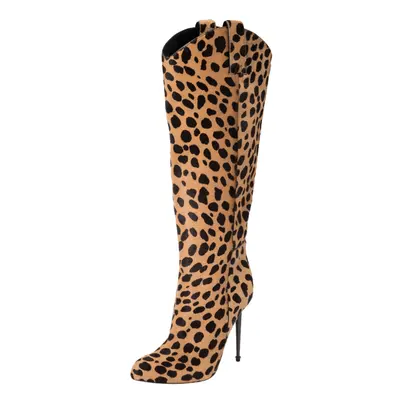 Tom Ford Beige/Brown Leopard Print Calf Hair Knee Length Boots Size