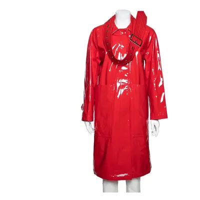 Burberry London Bright Red Faux Leather Belt Detail Coat