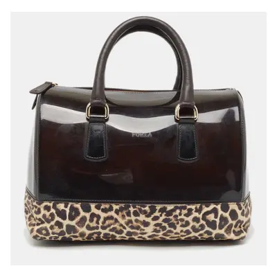 Furla Dark Brown/Beige Rubber and Leopard Print Leather Medium Candy Satchel