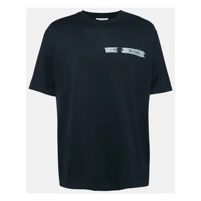 Z Zegna Navy Blue Logo Print Cotton Short Sleeve T-Shirt