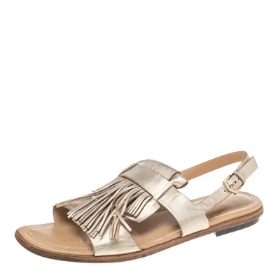 Tod's Metallic Gold Leather Fringe Slingback Flat Sandals Size