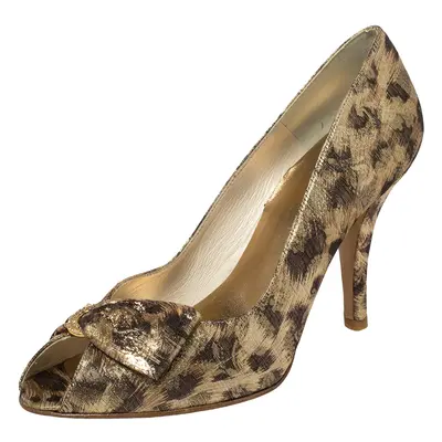 Stuart Weitzman Brown/Gold Metallic Lamé Fabric Leopard Print Bow Peep Toe Pumps Size