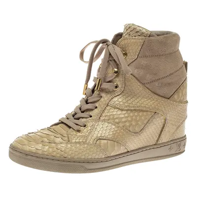 Louis Vuitton Beige Monogram Suede And Python Cliff Top Sneaker Boots Size