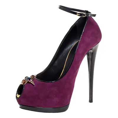 Giuseppe Zanotti Purple Suede Crystal Embellished Pep Toe Ankle Strap Pumps Size