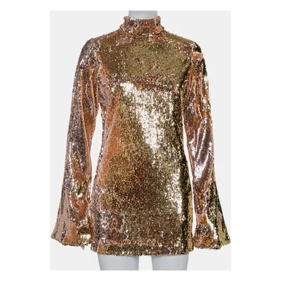 Halpern Gold Sequin Embellished Knit Bell Sleeve Detail Mini Dress