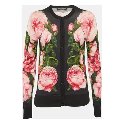 Dolce & Gabbana Black Floral Print Knit Button Front Cardigan