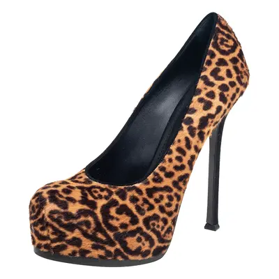 Saint Laurent Brown/Beige Leopard Print Pony Hair Tribtoo Pumps Size