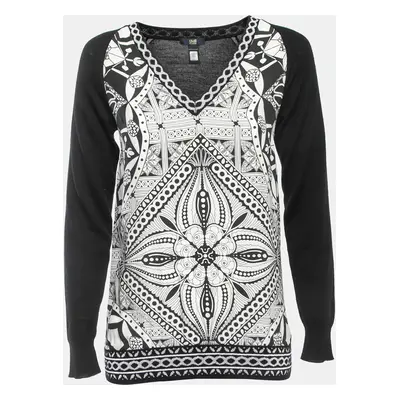 Class by Roberto Cavalli Black Wool & Printed Silk V-Neck Sweater