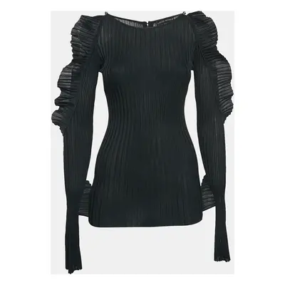 David Koma Black Rib Knit Ruffled Sleeve Bodycon Mini Dress