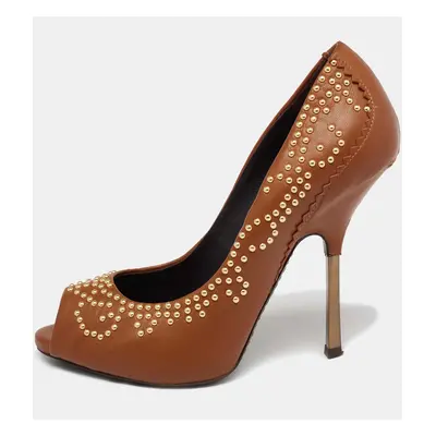 Giuseppe Zanotti Tan Studded Leather Peep-Toe Pumps Size 37.5