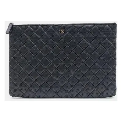 Chanel Black Perforated Leather Large Clutch Bag