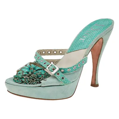 Dior Aqua Green Suede And Python Embossed Leather Eyelet Detail Platform Slide Sandals Size