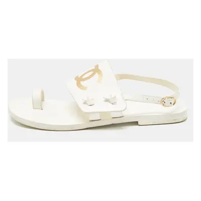 Chanel White Leather CC Thong Slingback Flats Size