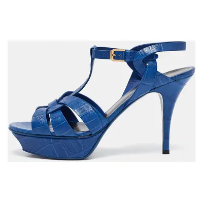 Saint Laurent Blue Croc Embossed Leather Tribute Ankle Strap Sandals Size 40.5