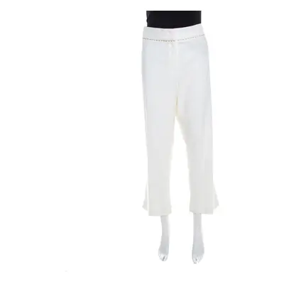 Escada White Stretch Cotton Embellished Waist Detail Cropped Tonikka Pants