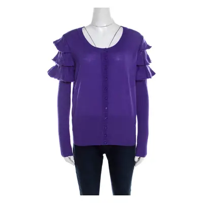 Escada Purple Mohair Wool Ruffle Tiered Detail Button Front Cardigan