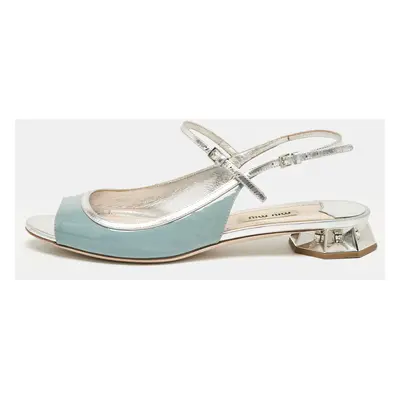 Miu Miu Grey/Blue Leather and Patent Leather Flat Sandals Size 37.5