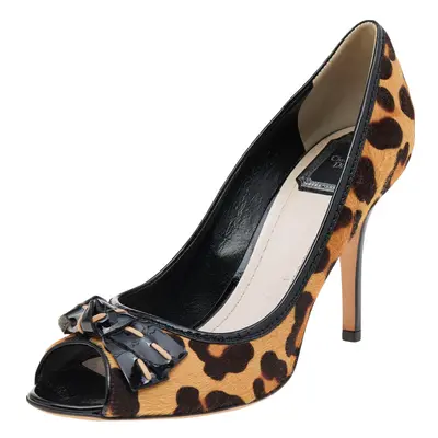 Dior Brown/Black Leopard Print Calf Hair And Patent Leather Bow Open Toe Pumps Size