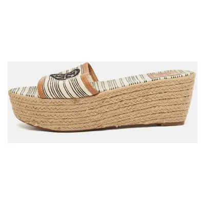 Tory Burch White/Brown Canvas and Leather Espadrille Platform Wedge Slide Sandals Size 37.5