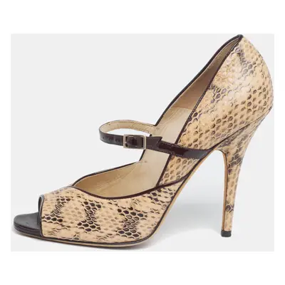 Jimmy Choo Beige/Black Python Leather Mary Jane Peep Toe Pumps Size 38.5