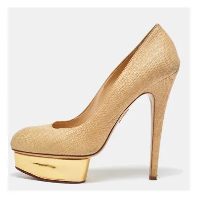 Charlotte Olympia Beige/Gold Raffia and Leather Dolly Platform Pumps Size