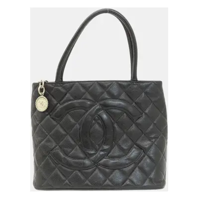 Chanel Black Caviar Leather Medallion Tote Bag