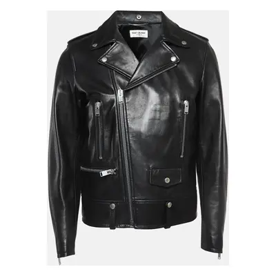 Saint Laurent Paris Black Leather Zipper Detail Riders Jacket