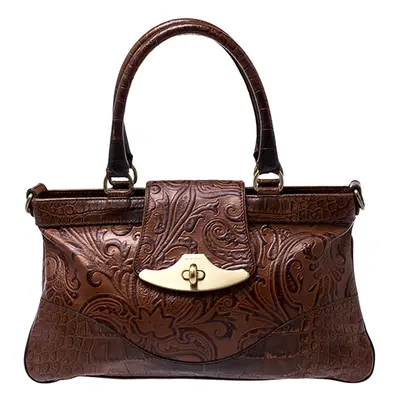 Etro Brown Paisley Embossed Leather Turnlock Shoulder Bag