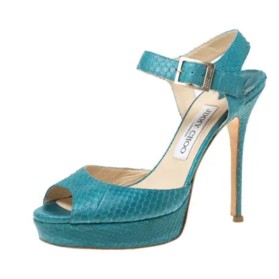 Jimmy Choo Blue Python Peep Toe Platform Sandals Size 38.5