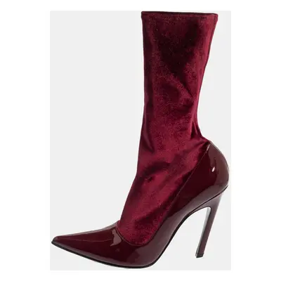 Balenciaga Burgundy Velvet And Patent Leather Knife Mid Calf Boots Size