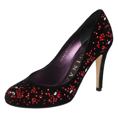 Gina Black Velvet Embellished Round Toe Pumps Size