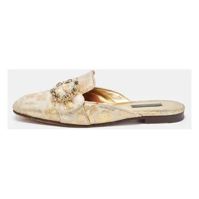 Dolce & Gabbana Gold Brocade Fabric Logo Slide Mules Size 36.5