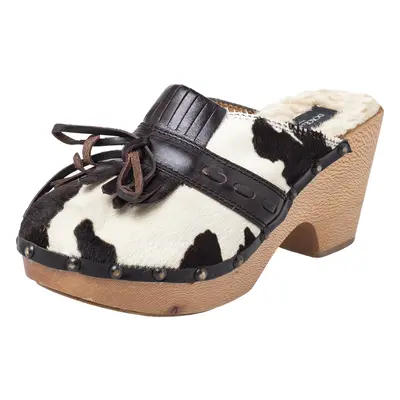 Dolce & Gabbana Brown Calf Hair And Leather Bow Fringe Detail Wooden Clogs Size