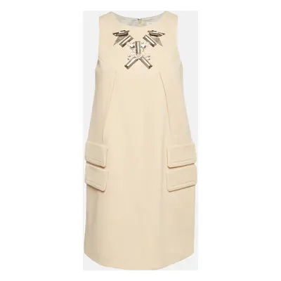 Paule Ka Cream Metal Embellished Stretch Crepe Mini Shift Dress