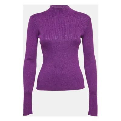 NBD Purple Lurex Rib Knit High Neck Pullover