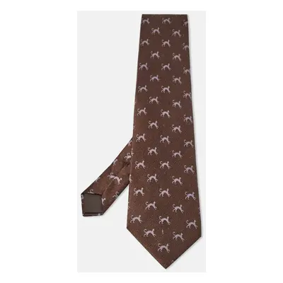 Lanvin Brown Cat Print Satin Silk Traditional Tie