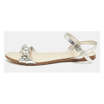 Miu Miu Silver Leather Ankle Strap Sandals Size