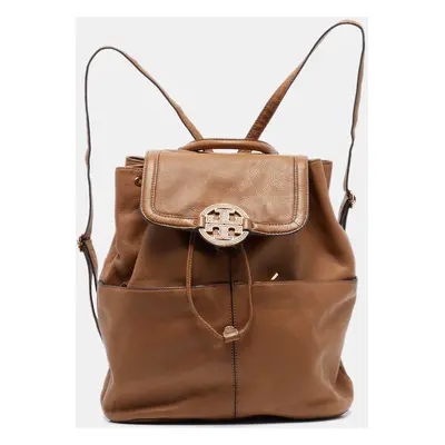 Tory Burch Brown Leather Drawstring Flap Backpack