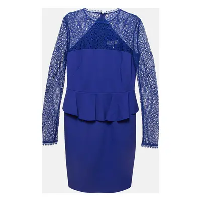 Emilio Pucci Blue Lace Trim Stretch Crepe Peplum Pencil Dress