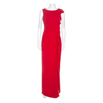 CH Carolina Herrera Red Crepe Ruffle Detail Sleeveless Maxi Dress