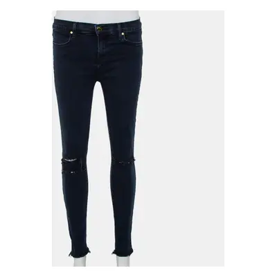 J Brand Navy Blue Denim Cropped Skinny Distressed Blue Mercy Jeans