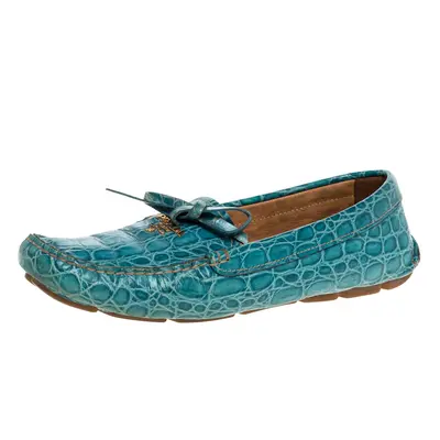 Prada Blue Crocodile Leather Bow Slip On Loafers