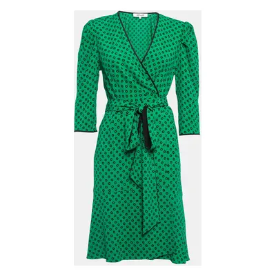 Diane Von Furstenberg Green Printed Crepe Wrap Short Dress