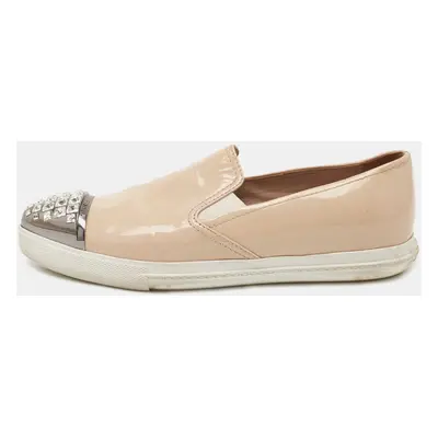 Miu Miu Beige Patent Leather Crystal Embellished Sneakers Size