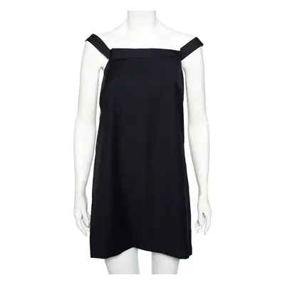 Balenciaga Navy Blue Striped Wool Off Shoulder Shift Dress