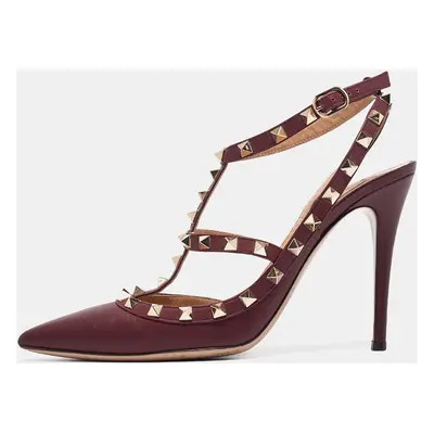 Valentino Burgundy Leather Rockstud Ankle Strap Pumps Size